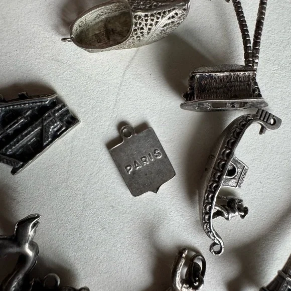 9pc Sterling Silver and silver tone travel charm collection bundle